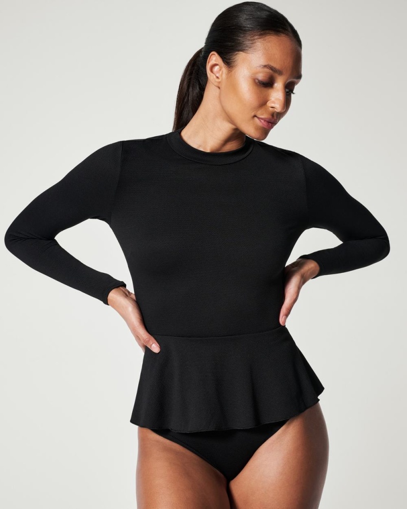 Spanx Pique Long Sleeve Swim Shirt Swimwear Black | 59703-PAXT