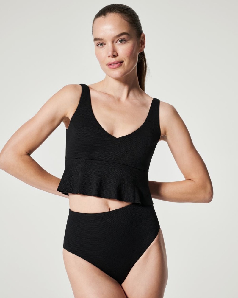 Spanx Pique Longline Flounce Swim Top Swimwear Black | 06498-SRNP