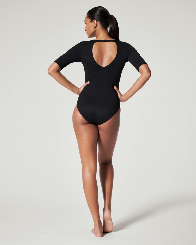 Spanx Pique Shaping Plunge Short Sleeve One Piece Swimwear Black | 36401-TGUK