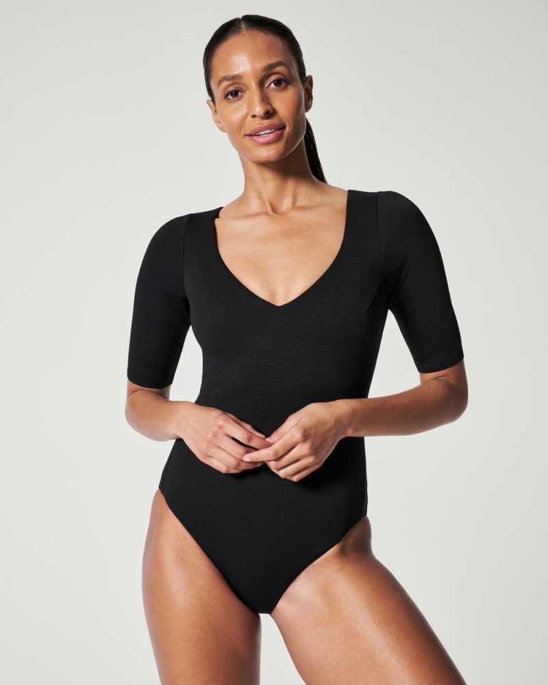 Spanx Pique Shaping Plunge Short Sleeve One Piece Swimwear Black | 36401-TGUK