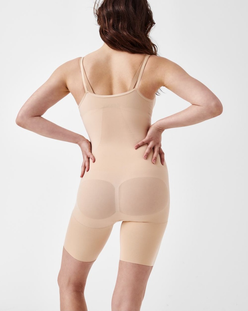 Spanx Power Open-Bust Mid-Thigh Bodysuits Beige | 90164-JVHP