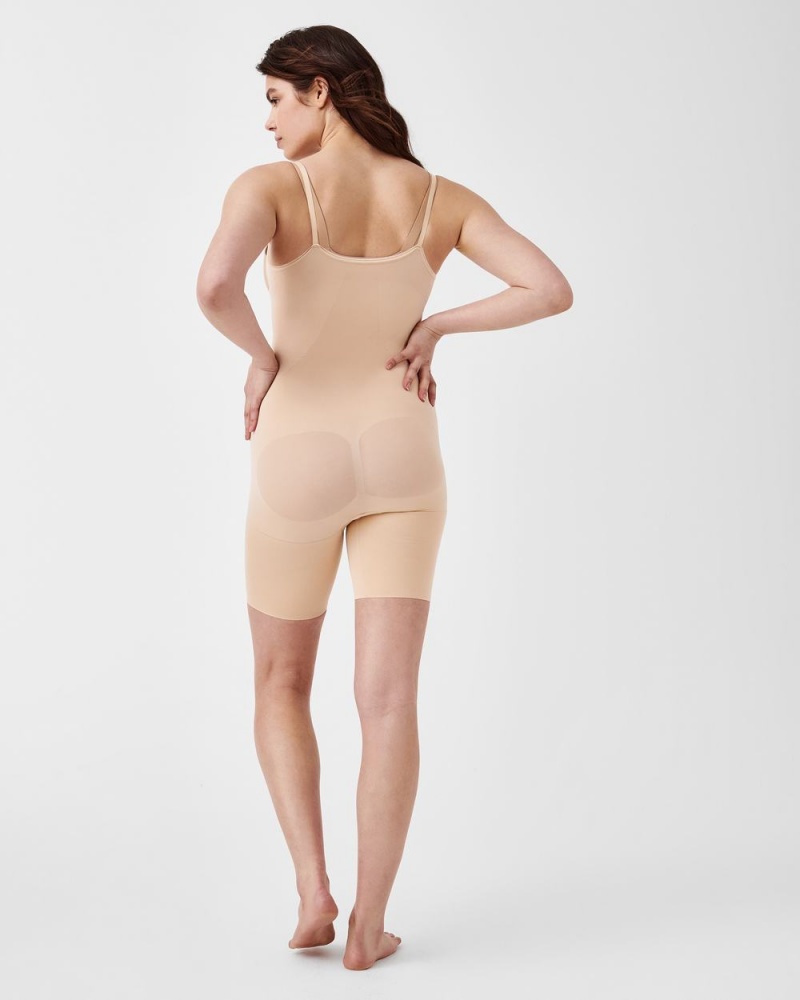 Spanx Power Open-Bust Mid-Thigh Bodysuits Beige | 90164-JVHP