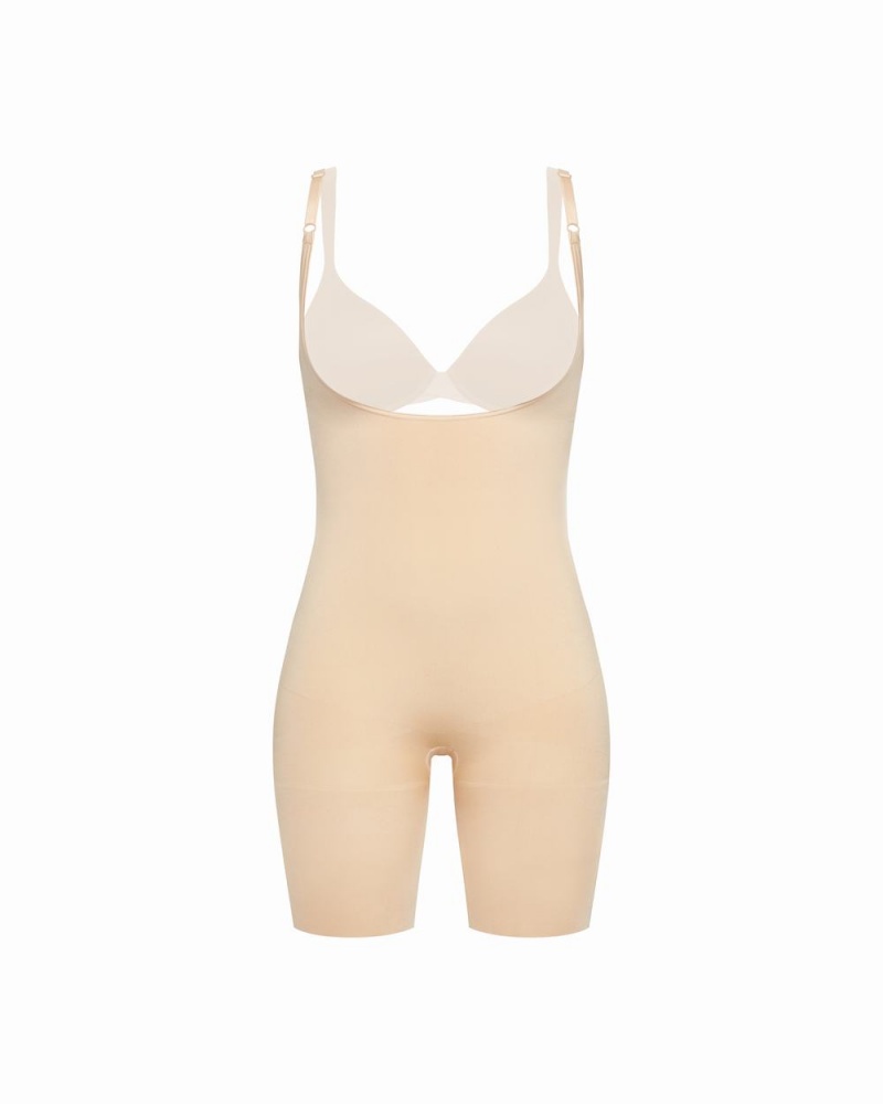 Spanx Power Open-Bust Mid-Thigh Bodysuits Beige | 90164-JVHP