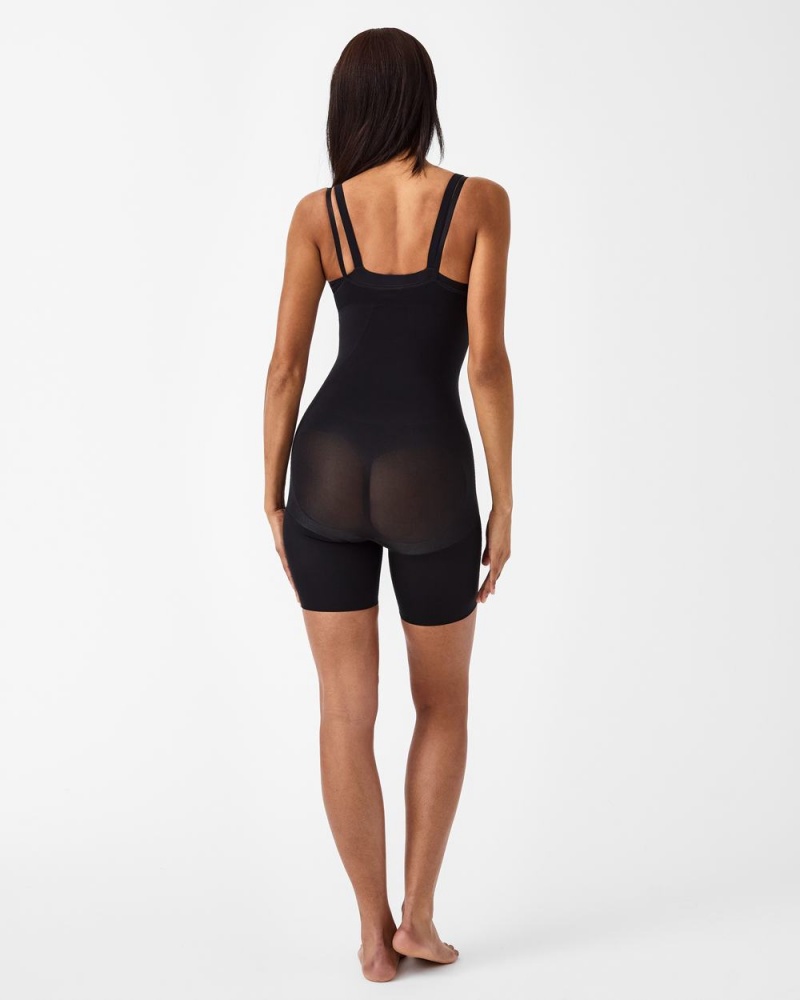 Spanx Power Open-Bust Mid-Thigh Bodysuits Black | 85230-UATJ