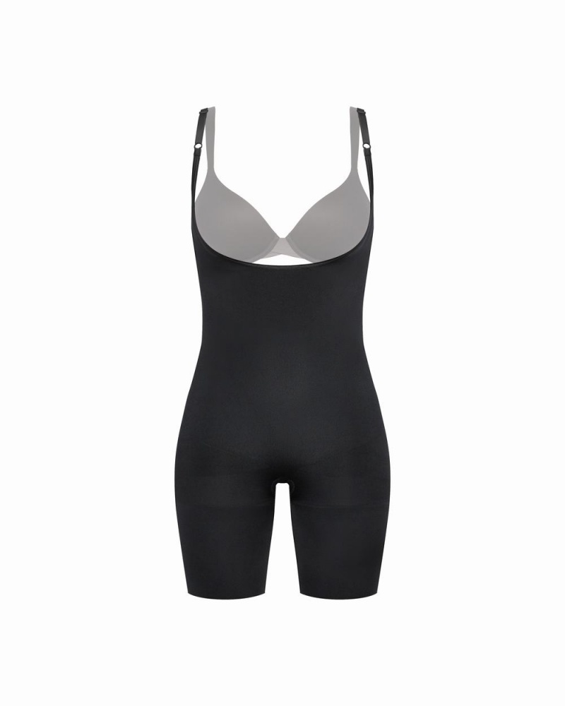 Spanx Power Open-Bust Mid-Thigh Bodysuits Black | 85230-UATJ