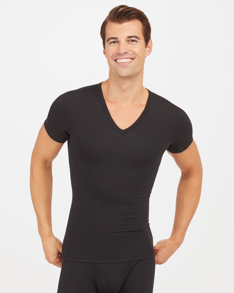 Spanx Sculpt Cotton V-Neck Undershirts Black | 29543-SGUP