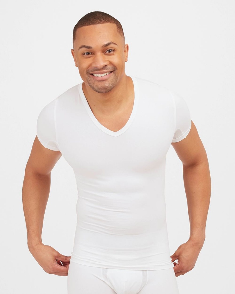 Spanx Sculpt Cotton V-Neck Undershirts White | 94368-AJPK