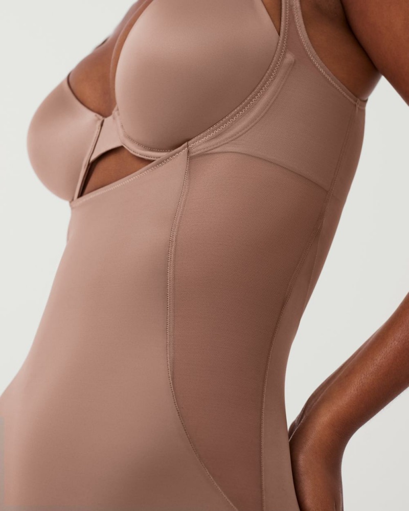 Spanx Shaping Satin Mesh Open-Bust Mid-Thigh Bodysuits Cafe Au Lait | 83264-FDZU