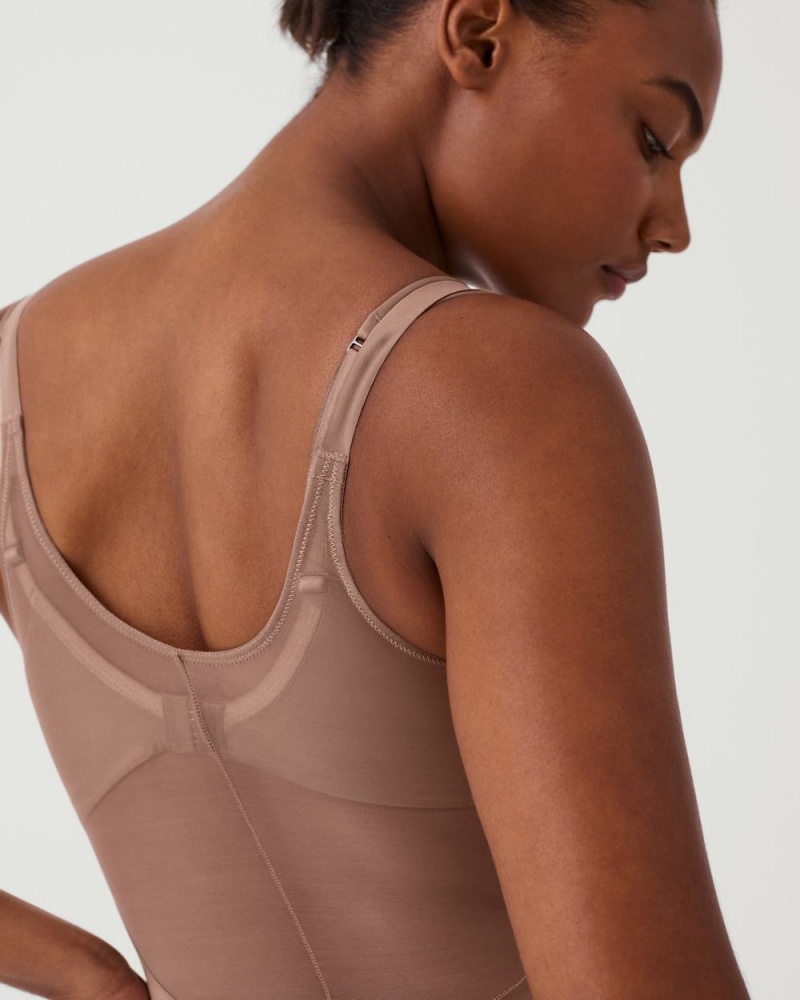 Spanx Shaping Satin Mesh Open-Bust Mid-Thigh Bodysuits Cafe Au Lait | 83264-FDZU