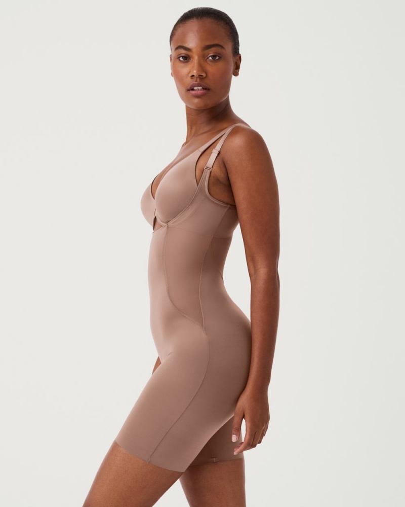 Spanx Shaping Satin Mesh Open-Bust Mid-Thigh Bodysuits Cafe Au Lait | 83264-FDZU