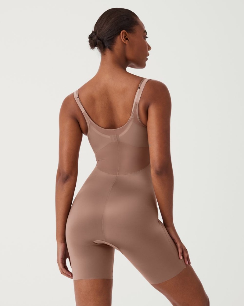 Spanx Shaping Satin Mesh Open-Bust Mid-Thigh Bodysuits Cafe Au Lait | 83264-FDZU