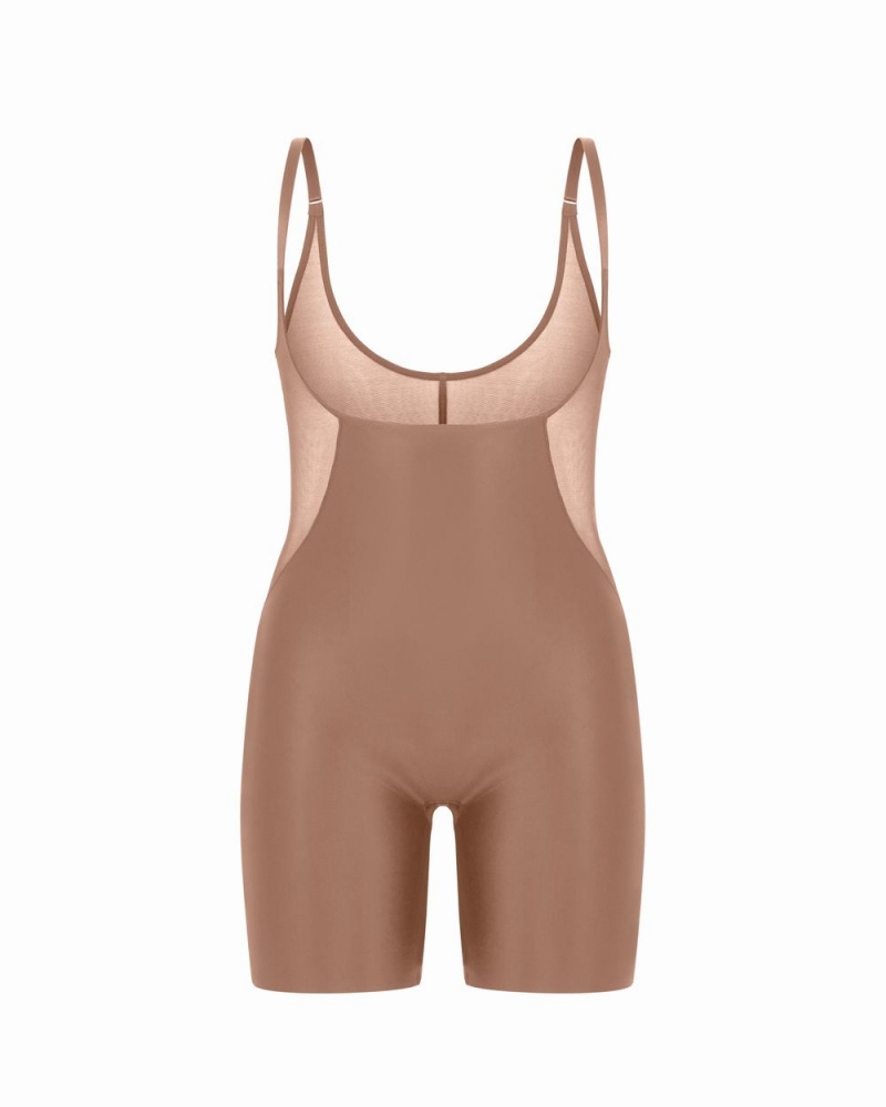 Spanx Shaping Satin Mesh Open-Bust Mid-Thigh Bodysuits Cafe Au Lait | 83264-FDZU