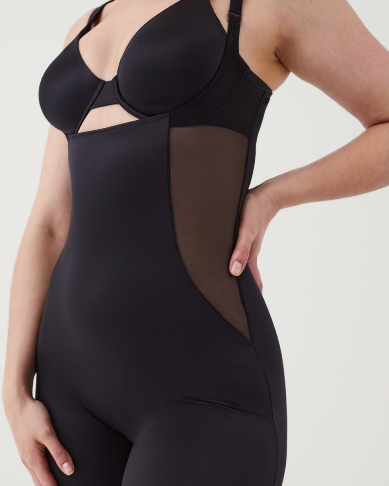 Spanx Shaping Satin Mesh Open-Bust Mid-Thigh Bodysuits Black | 32506-BPTI