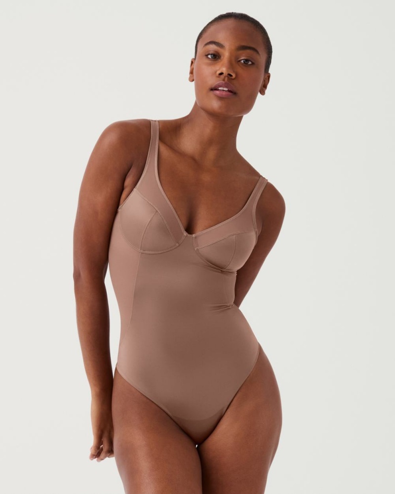 Spanx Shaping Satin Mesh Thong Bodysuits Cafe Au Lait | 06475-AHLT