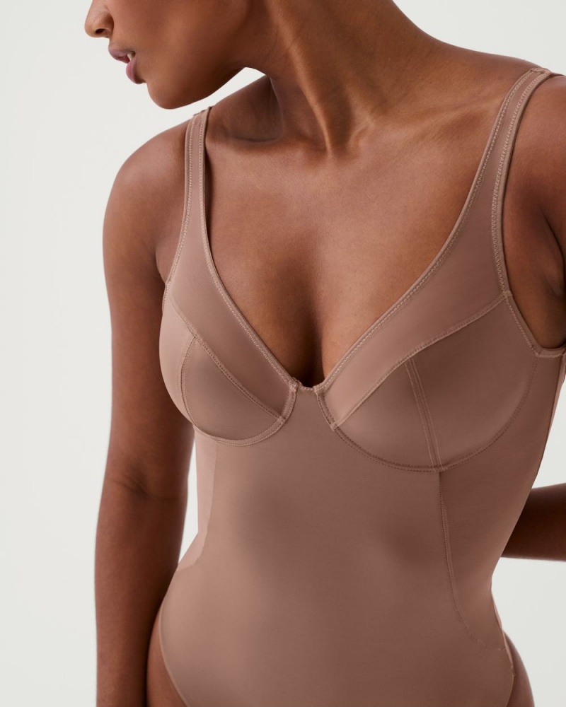 Spanx Shaping Satin Mesh Thong Bodysuits Cafe Au Lait | 06475-AHLT