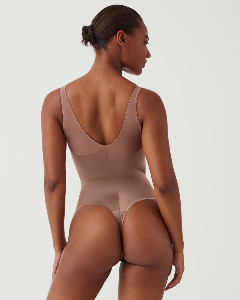 Spanx Shaping Satin Mesh Thong Bodysuits Cafe Au Lait | 06475-AHLT