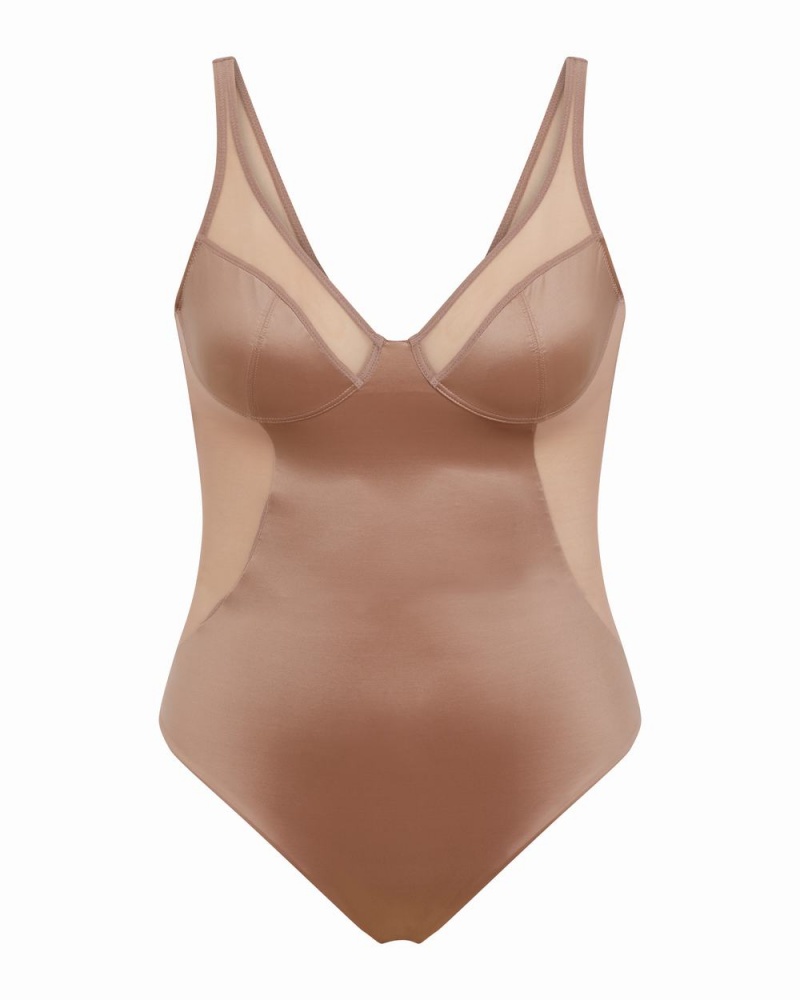 Spanx Shaping Satin Mesh Thong Bodysuits Cafe Au Lait | 06475-AHLT