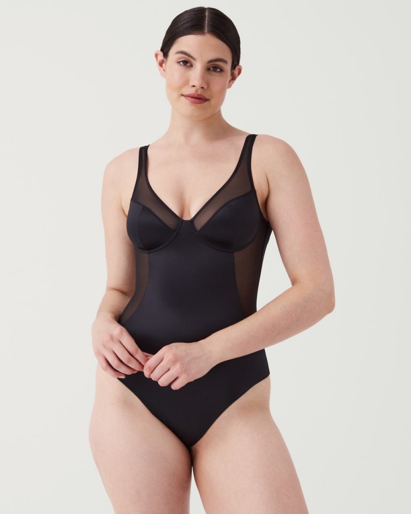 Spanx Shaping Satin Mesh Thong Bodysuits Black | 26490-PNLS