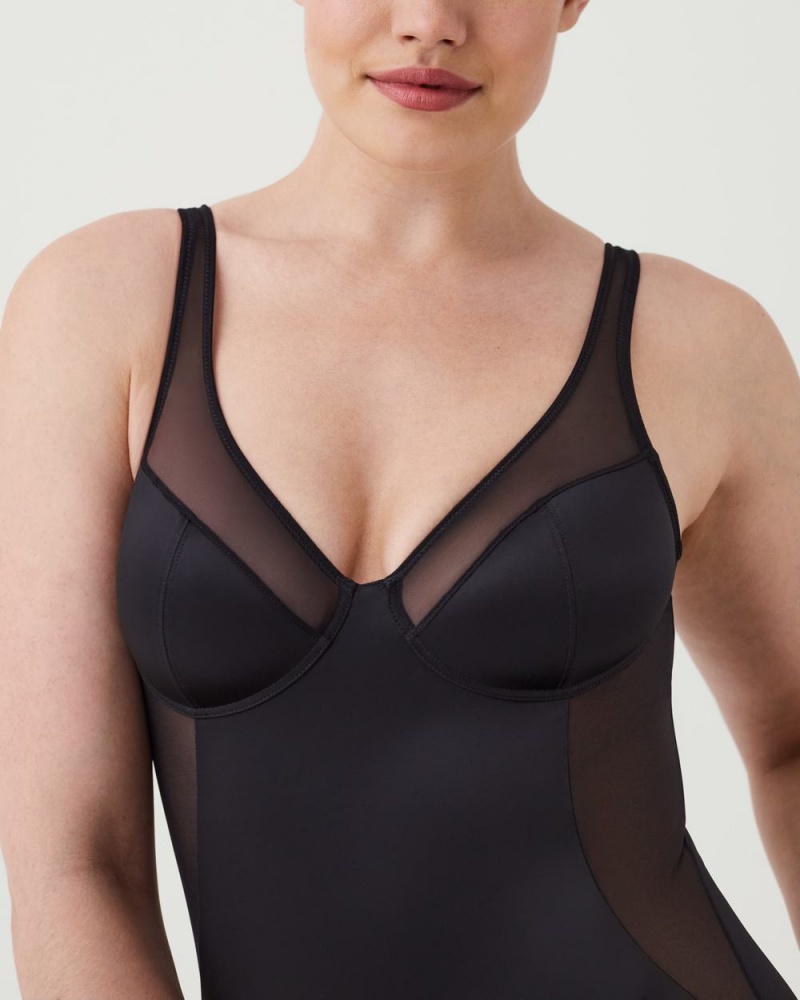 Spanx Shaping Satin Mesh Thong Bodysuits Black | 26490-PNLS