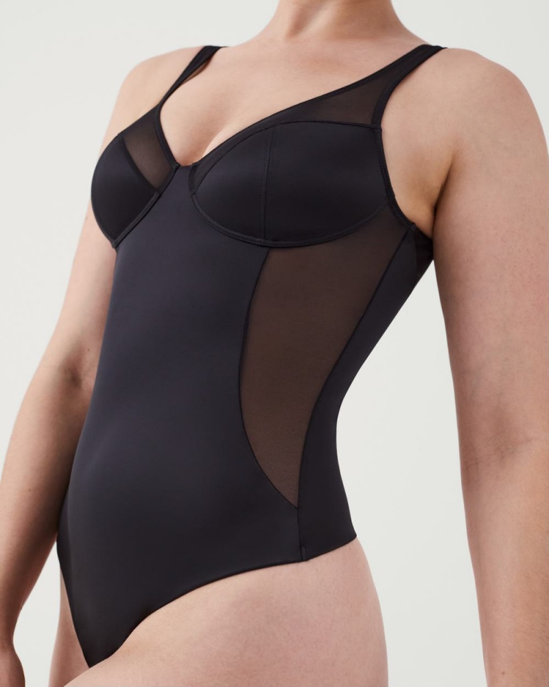 Spanx Shaping Satin Mesh Thong Bodysuits Black | 26490-PNLS