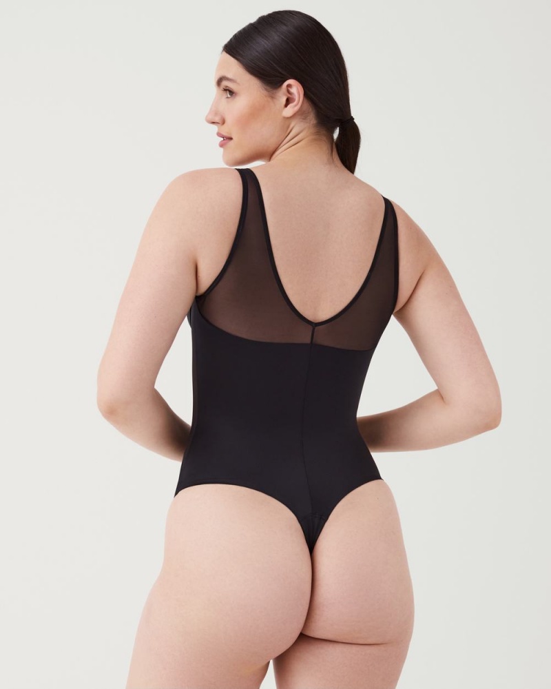 Spanx Shaping Satin Mesh Thong Bodysuits Black | 26490-PNLS