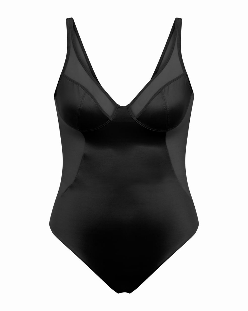 Spanx Shaping Satin Mesh Thong Bodysuits Black | 26490-PNLS