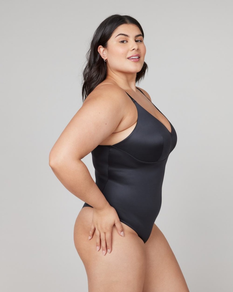 Spanx Shaping Satin Thong Bodysuits Black | 48973-ODLW