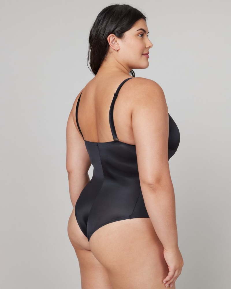 Spanx Shaping Satin Thong Bodysuits Black | 48973-ODLW