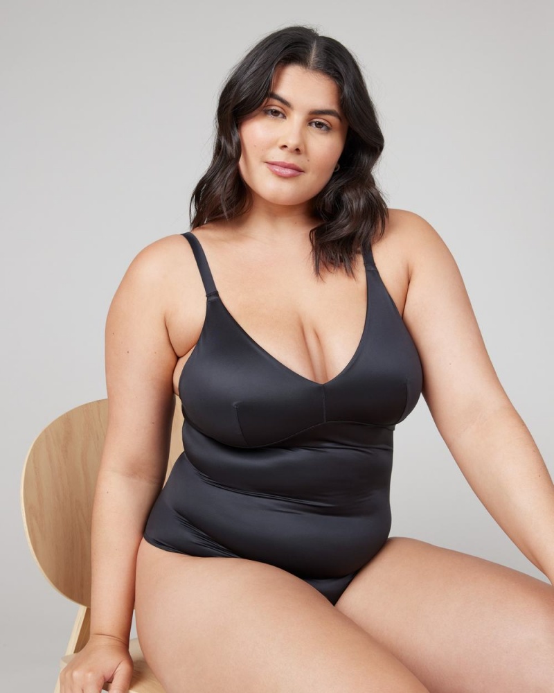 Spanx Shaping Satin Thong Bodysuits Black | 48973-ODLW