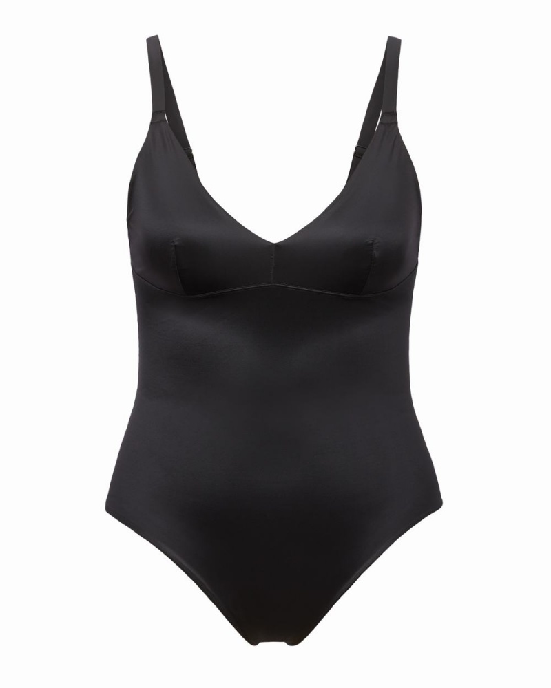 Spanx Shaping Satin Thong Bodysuits Black | 48973-ODLW