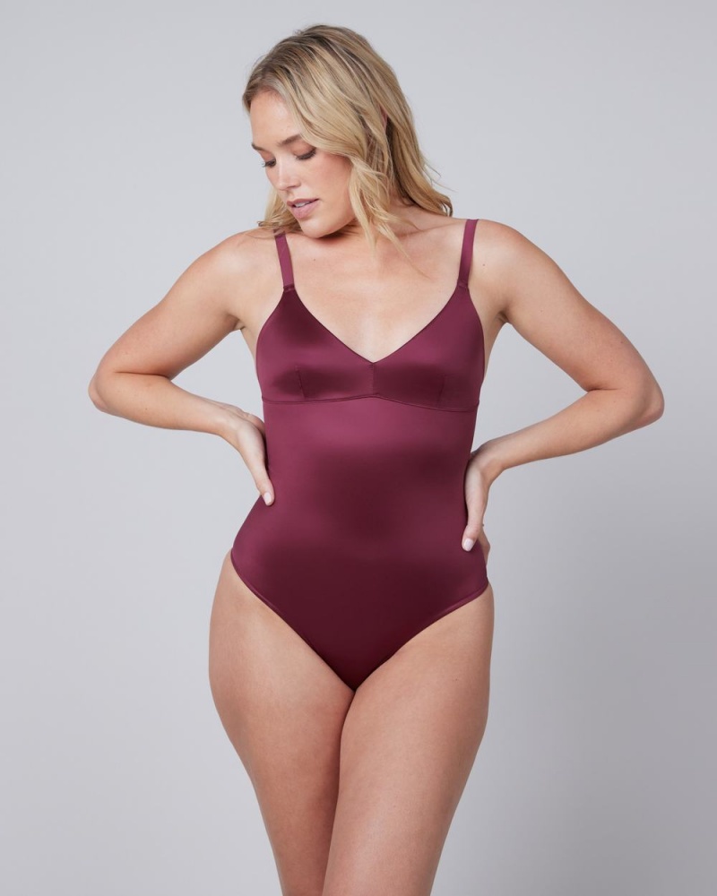 Spanx Shaping Satin Thong Bodysuits Burgundy | 62358-DKCJ