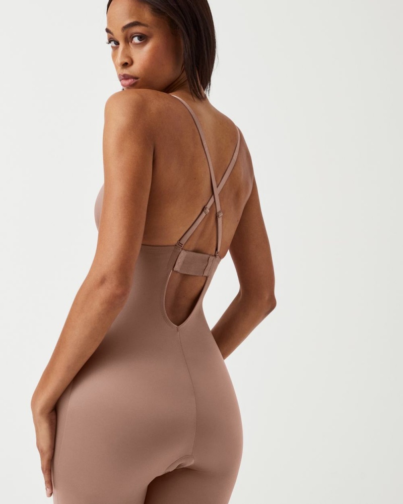 Spanx Suit Your Fancy Plunge Low-Back Mid-Thigh Bodysuits Cafe Au Lait | 79804-QKUT