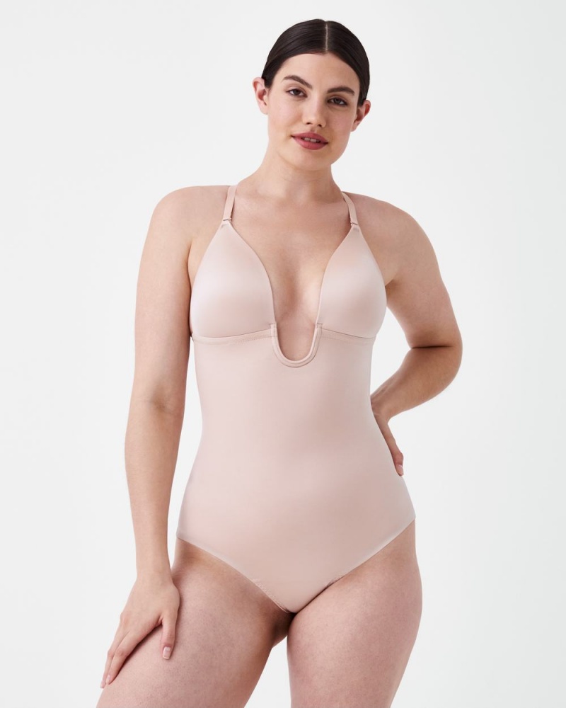 Spanx Suit Your Fancy Plunge Low-Back Thong Bodysuits Beige | 36485-XQMO