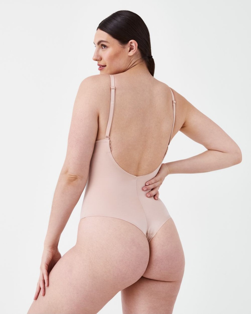 Spanx Suit Your Fancy Plunge Low-Back Thong Bodysuits Beige | 36485-XQMO