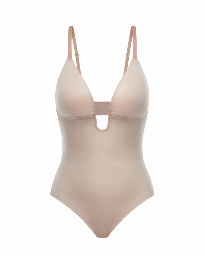 Spanx Suit Your Fancy Plunge Low-Back Thong Bodysuits Beige | 36485-XQMO