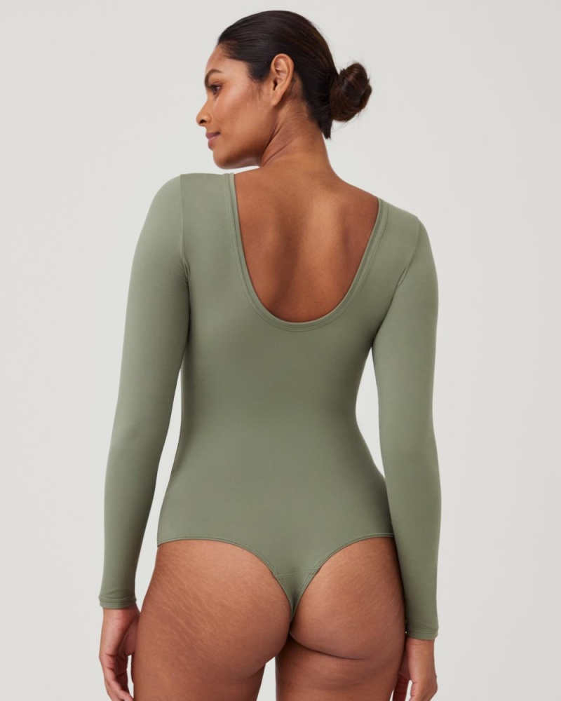 Spanx Suit Yourself Long Sleeve Scoop Neck Bodysuits Olive | 13276-LUVF