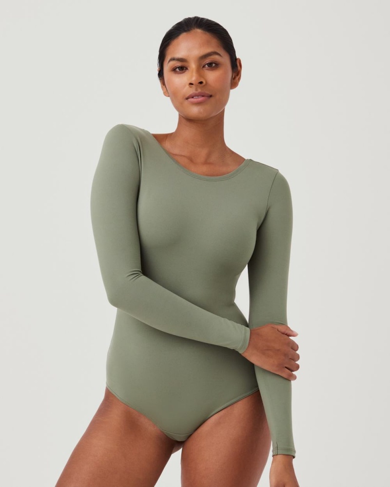 Spanx Suit Yourself Long Sleeve Scoop Neck Bodysuits Olive | 13276-LUVF