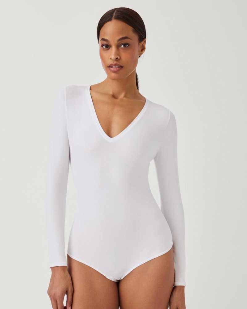 Spanx Suit Yourself Long Sleeve Thong Bodysuits White | 14309-KZPI