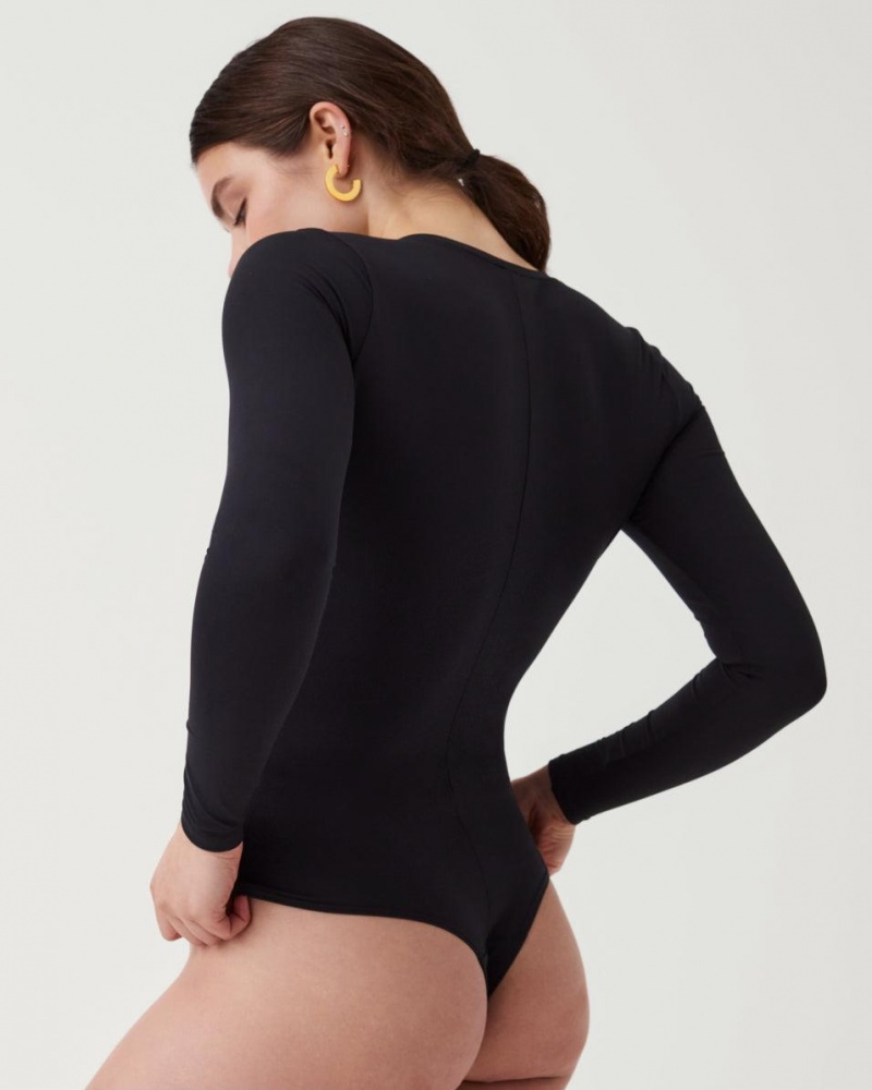 Spanx Suit Yourself Long Sleeve Thong Bodysuits Black | 56084-OLVU