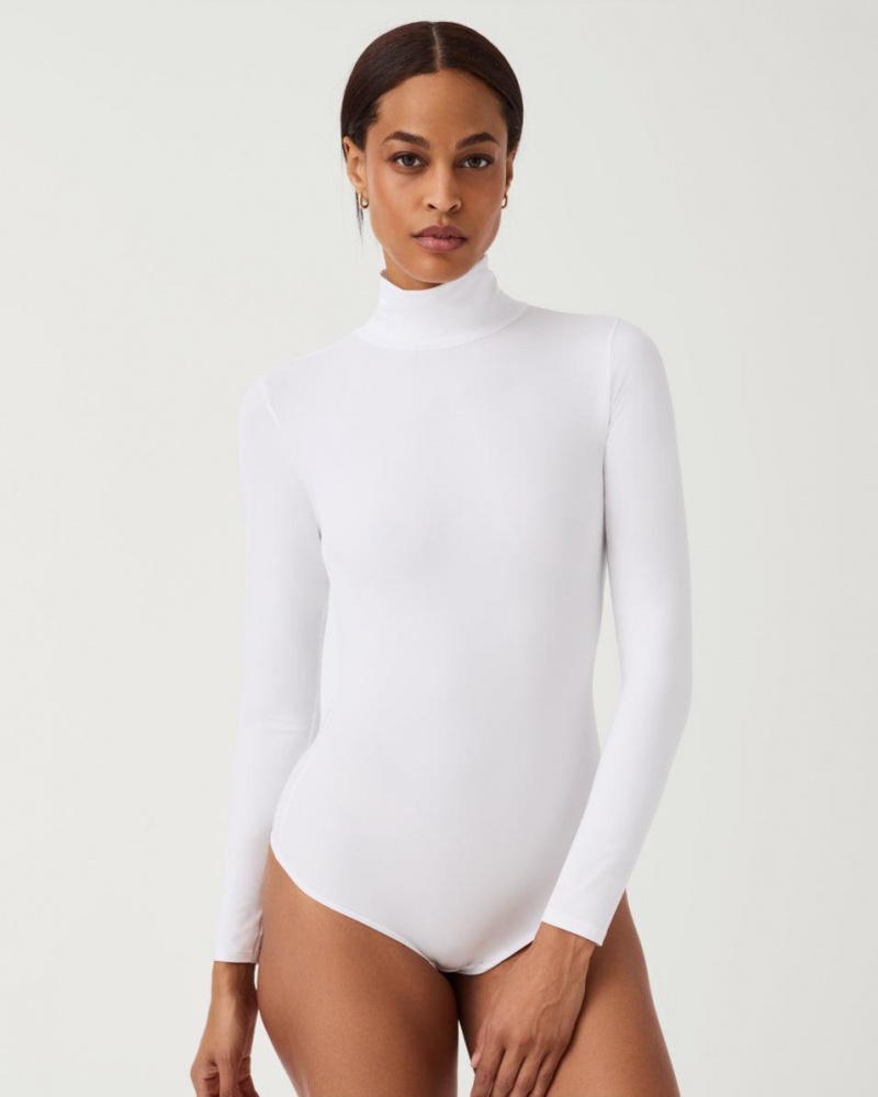 Spanx Suit Yourself Long Sleeve Turtleneck Thong Bodysuits White | 90831-FXUE