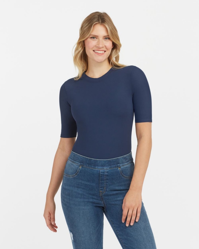 Spanx Suit Yourself Ribbed Crew Neck Short Sleeve Bodysuits Navy | 16245-WKQF