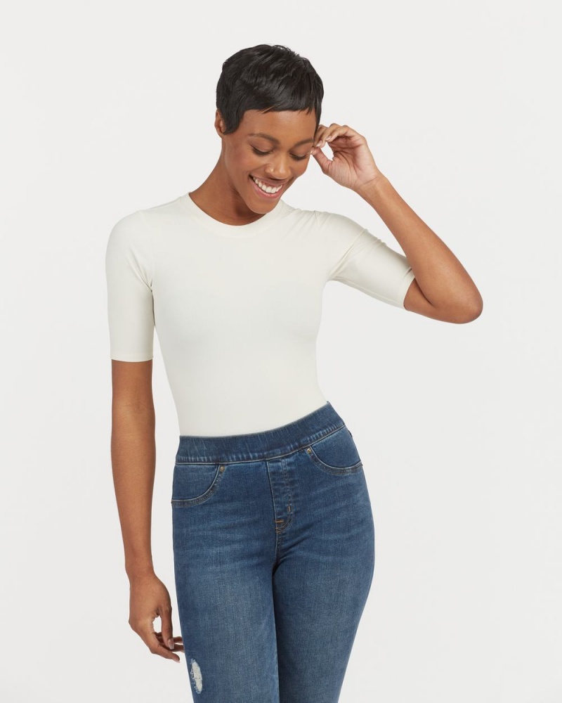 Spanx Suit Yourself Ribbed Crew Neck Short Sleeve Bodysuits White | 47853-JLRU