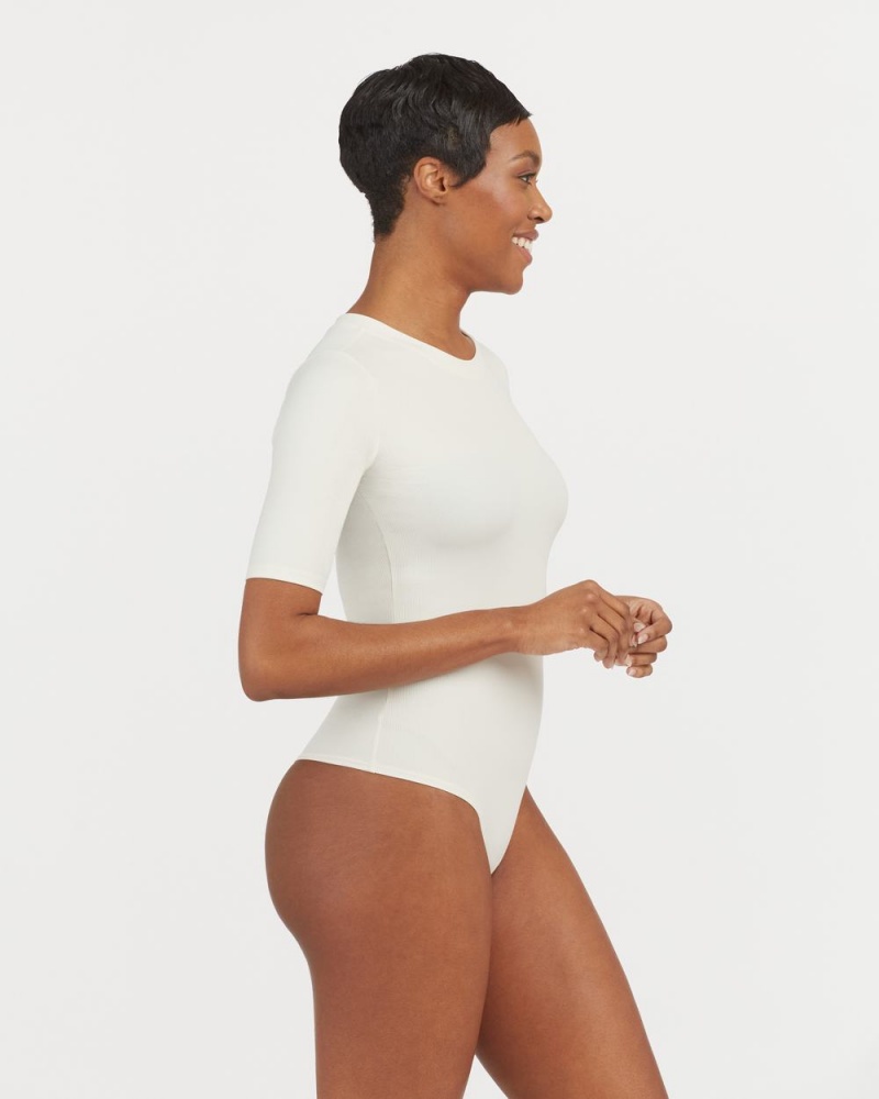 Spanx Suit Yourself Ribbed Crew Neck Short Sleeve Bodysuits White | 47853-JLRU