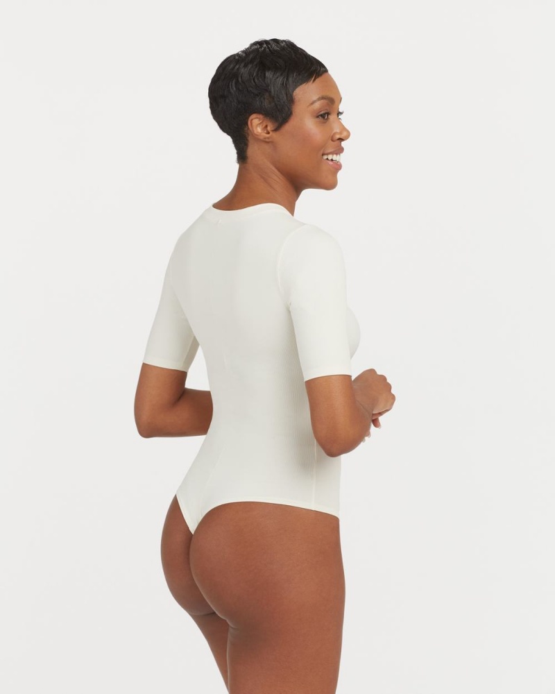 Spanx Suit Yourself Ribbed Crew Neck Short Sleeve Bodysuits White | 47853-JLRU