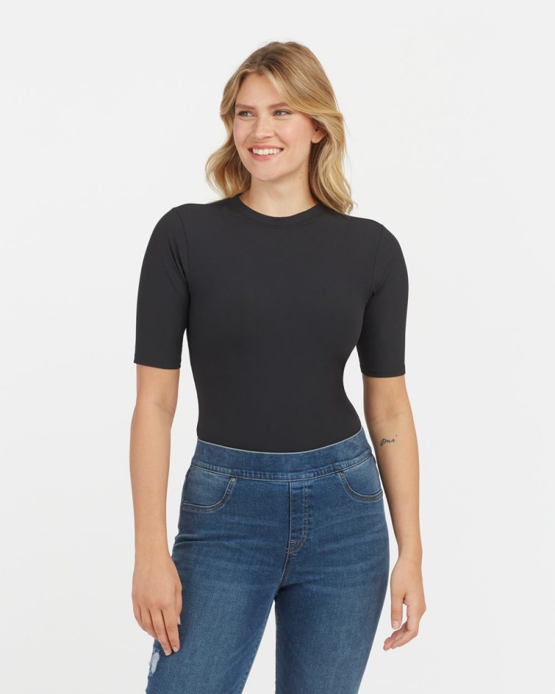 Spanx Suit Yourself Ribbed Crew Neck Short Sleeve Bodysuits Black | 42631-FUNK