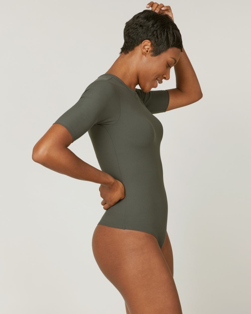 Spanx Suit Yourself Ribbed Crew Neck Short Sleeve Bodysuits Olive | 93286-JTEQ