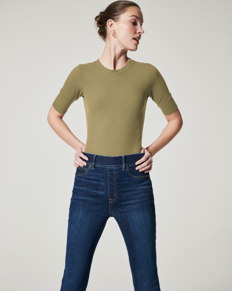 Spanx Suit Yourself Ribbed Crew Neck Short Sleeve Bodysuits Olive | 02874-OBSL