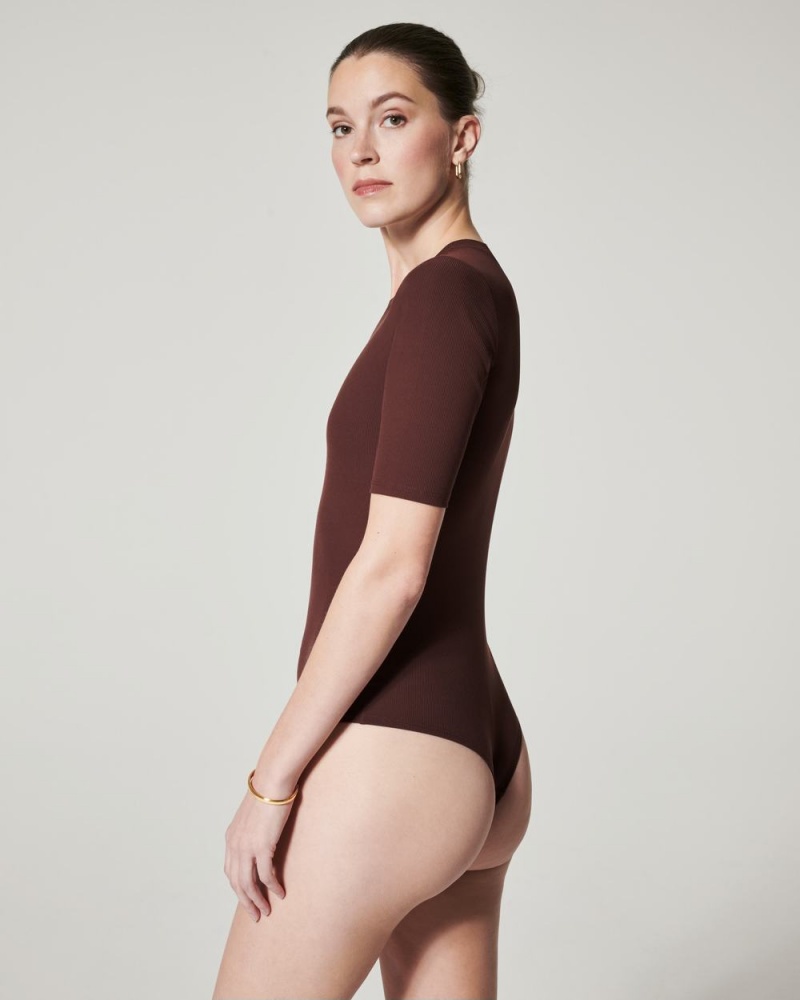 Spanx Suit Yourself Ribbed Crew Neck Short Sleeve Bodysuits Coffee | 18409-FMXZ