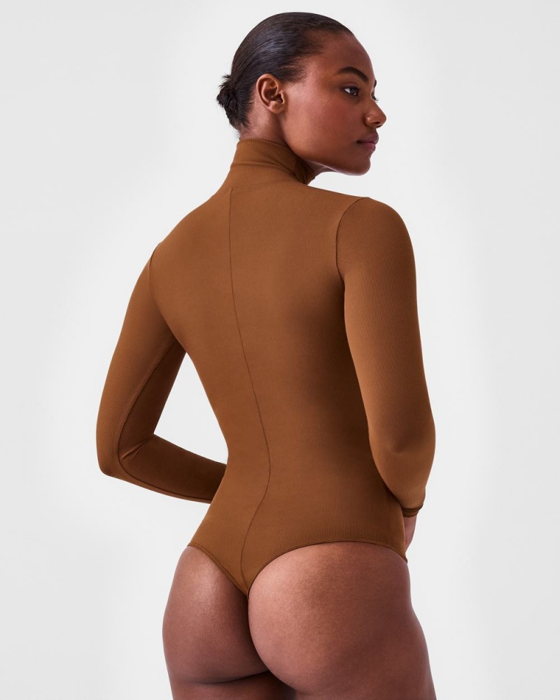 Spanx Suit Yourself Ribbed Long Sleeve Turtleneck Bodysuits Brown | 82017-PLUA