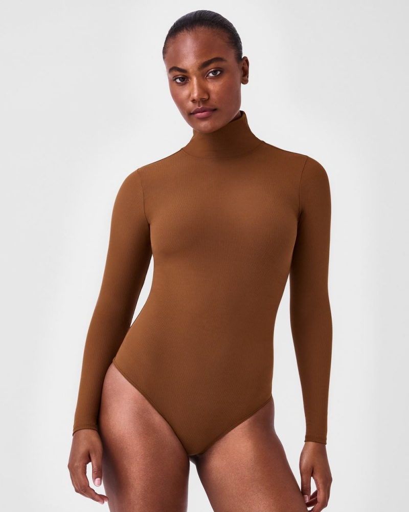 Spanx Suit Yourself Ribbed Long Sleeve Turtleneck Bodysuits Brown | 82017-PLUA